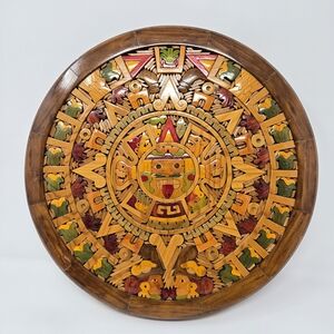 Hand-Carved Wooden Aztec Sun Wall Plaque - Multicolor